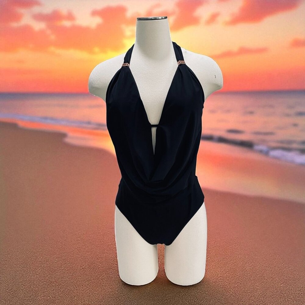 Bar III Black Swimsuit One Piece Plunge Halter Monokini Size M Sexy‎ Swimwear